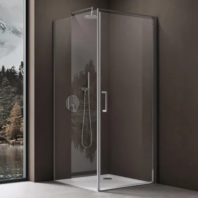 Image de doporro Cabine de Douche en Angle Montage Réversible 100x100x195 Paroi de Douche Design Ravenna36K-Plus Porte Pivotante Autolevante en Verre Transparant de 8mm