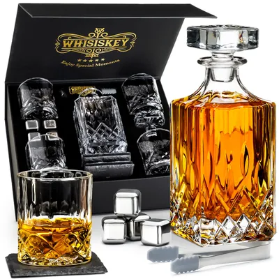 Whiskey-Karaffen-Set 700 ml mit 4 Gläsern, Steinen & Zubehör