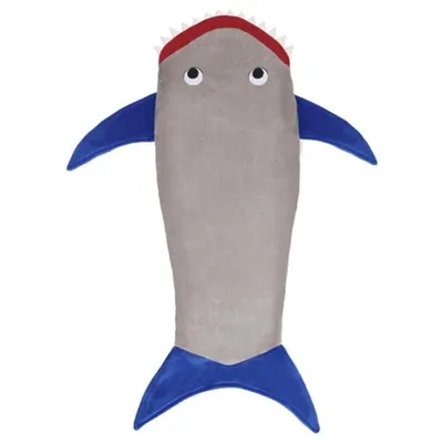 A stuffed shark sleeping bag is shown from a top-down view against a white background.