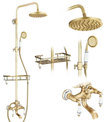 Produktbild von Bad-Duschset - Wandmontierte Duschsäule für die Badewanne - Regendusche - Handbrause - Zweigriffarmatur - Keramikkartusche - Antikmessing E