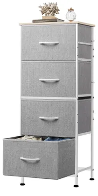 Produktbild von Kommode mit 4 Schubladen aus Stoff, Kommodenschrank für Schlafzimmer, Kommode Wohnzimmer, mit Stabiler Stahlrahmen, Holzplatte, Hellgrau