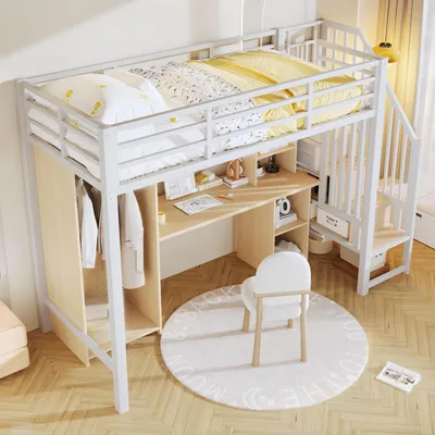 Produktbild von okwish Hochbett 90 x 200 cm Funktionsbett mit Stauraumlösungen,Jugendbett mit integriertem Kleiderschrank und Schreibtisch Stufen mit Aufbewahrung Jugendzimmer,Weiß(ohne Matratze)