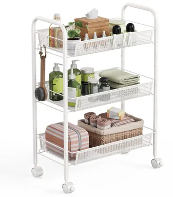 Image de Chariot de cuisine à roulettes - Métal - 3 niveaux - Blanc - Salle de bain et salon