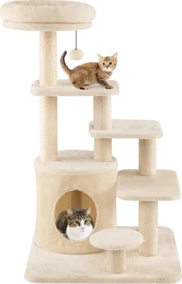 Produktbild von GOPLUS Kratzbaum klein, 102 cm Katzenbaum mit 4 Plattformen, gepolstertes Katzenbett, 3 Kratzsäulen, Ball & Höhle, Klettermöbel für Katzen, Beige