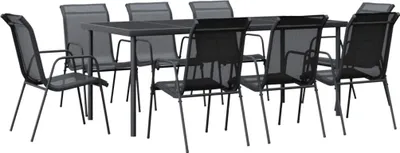 A black metal and textilene dining set with eight chairs around a rectangular table, presented on a white background.