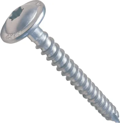 A single silver screw with a wide, flat head and a star-shaped drive slot, set against a plain white background.