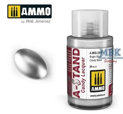Imagen del producto de Base de esmalte brillante plateada "Candy" para pistola MIG AMIG2450, marca Ammo. Contenido: 30 ml.