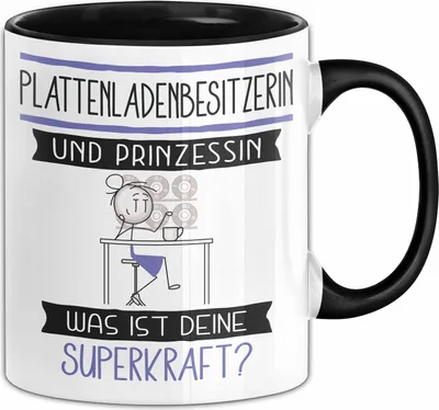Produktbild von Plattenladenbesitzerin Und Prinzessin Tasse Geschenk Für Eine Plattenladenbesitzerin Geburtstag Was Ist Deine Superkraft (Schwarz)