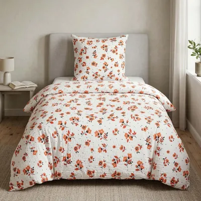 Produktbild von Microfaser Seersucker Bettwäsche 135x200 cm Weiß Blumenmuster – 100% Baumwolle – Trocknergeeignet