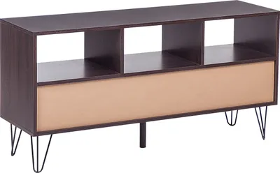 Produktbild von BELIANI TV Möbel Dunkler Holzfarbton Weiß MDF Platte Faserplatte Pulverbeschichtetes Metall 60 x 120 x 35 cm Modern Retro 3 Schubladen Wohnzimmer