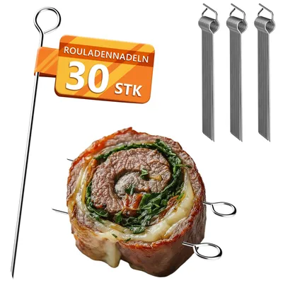 Produktbild von Lindenstein Rouladennadeln 30 Stück, 10 cm Edelstahl Rouladenspieße mit Ringgriff und scharfer Spitze, rostfreie Fleischspieße als Ersatz für Rouladenklammern und Rouladenbinder