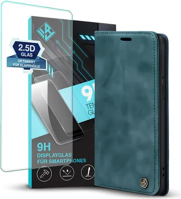 Produktbild von Handy Hülle für Apple iPhone 15 Pro Max mit 9H Displayglas Klapphülle Bookcase Flip Cover Handy Tasche Etui Farbe: Petrol