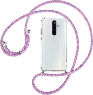 Produktbild von Handykette Backcover-Schutzhülle mit Band (Metall silberfarben) für Xiaomi Redmi Note 8 Pro - lila/rosa/blau