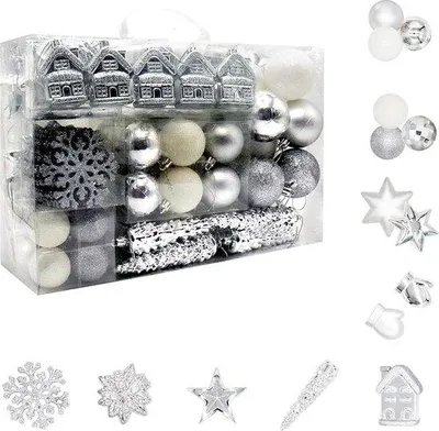 Imagen del producto de Conjunto de adornos para el árbol de Navidad Famanu, 113 piezas, color plateado y blanco, de diferentes tamaños y diseños