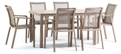 Immagine prodotto di Set da pranzo da giardino a 6 posti con tavolo in acciaio da 140x85 cm e 6 sedie con braccioli in Textilene per terrazza, veranda ed esterni, David + Victoria - Colore fango