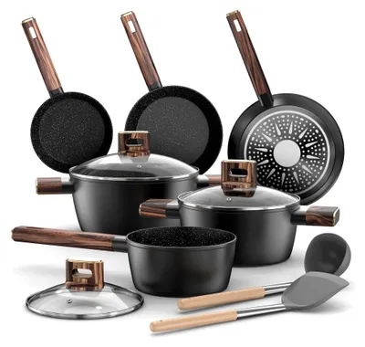 Produktbild von 11-teiliges Topf- und Pfannenset - Induktionsgeeignetes Antihaft-Kochgeschirr aus Aluminium, Pfannen 20/28cm, tiefe Bratpfanne 24cm, Kochtöpfe mit Deckel 16/20/24cm, - und -frei