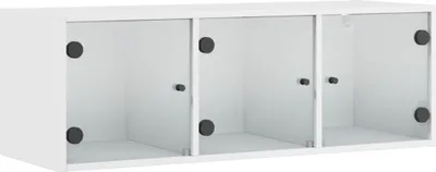 A white wall-mounted cabinet with three glass doors.