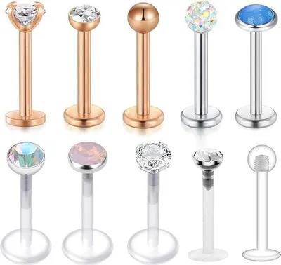 Zdjęcie produktu dla Zestaw do piercingu Unyqoos® 16G (1,2 mm), 10 sztuk: kolczyk labret-stab, długość 8 mm – stal chirurgiczna 316L i przezroczyste akryle, kuleczka 3 mm, bioflex (retentor), , do piercingu wargi i uszu