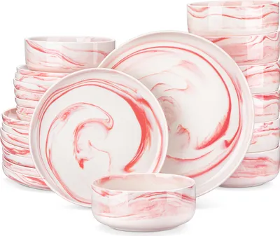 Produktbild von MALACASA, 24 tlg. Porzellan Geschirrset Kombiservice Tafelservice mit Speiseteller, Dessertteller, Schale, Marmor-pink