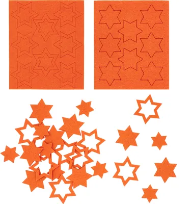 Two sheets of orange felt with pre-cut star shapes and a pile of loose orange felt star shapes.