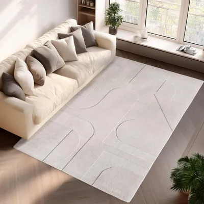 Produktbild von Boho-skandinavischer Teppich in einfarbigem Creme, weich, pflegeleicht, waschbar, 3D-Effekt, Teppich für Wohn- und Schlafzimmer 120 x 170 cm