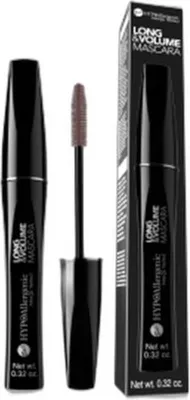 A black mascara tube and wand are displayed next to its packaging.