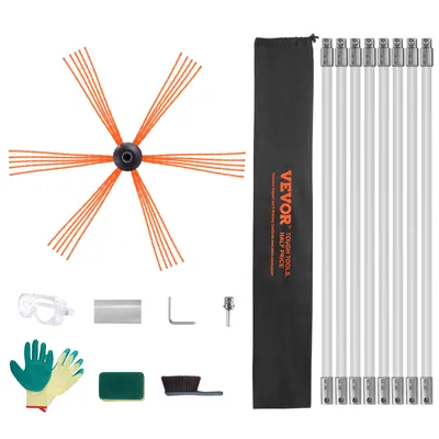A collection of chimney cleaning tools and accessories laid out on a white background.