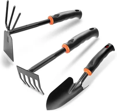 Produktbild von Gartengeräte-Set, 3-teilig, bestehend aus: Edelstahl-Gartenschaufel, Handharke und Doppelharke für Gartenarbeiten, ergonomisch und korrosionsbeständig