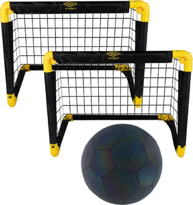Obrázek produktu pro Fotbalová branka Umbro 50 x 44 x 44 cm, sada 2 ks s fotbalovým míčem, skládací branka pro děti černá/žlutá