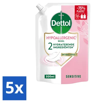 Imagen del producto de 5 unidades de recambio de jabón líquido para manos Dettol, hipoalergénico, para piel sensible, 500 ml. Paquete económico