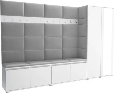 Produktbild von Garderoben-Set Noris V mit Spiegel, gepolsterte Garderobe 290 cm, Flurmöbel mit Wandpaneelen, 12 Haken und Schrank (Farbe: Weiß + Trinity 32)