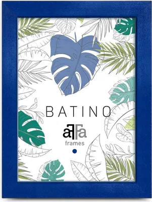 A dark blue picture frame with a tropical leaf pattern inside.