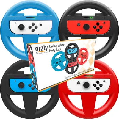 Produktbild von Orzly Lenkrad Vier Pack für Mariokart Nintendo Switch Version - Steering Wheel Zubehörset beinhaltet 4X Lenkrad Aufsatz Nur (1x BLAU + 1x ROT + 2X SCHWARZ) (Konsole und Joy-Cons Nicht enthalten)