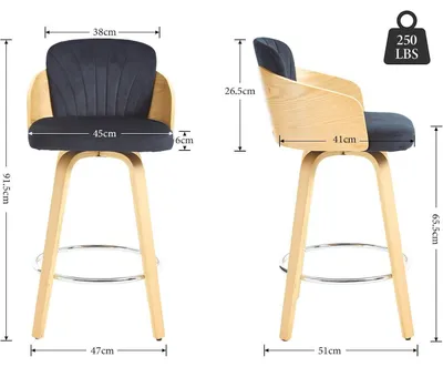 Produktbild von Barhocker 2er Set mit Holzbeinen, gepolstert, Samt, Rückenlehne, Schwarz