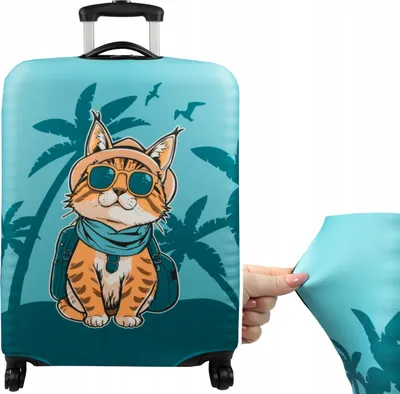 A suitcase cover with a cartoon cat wearing a hat and sunglasses, set against a tropical background with palm trees and birds. A hand is shown stretching the fabric of the cover.