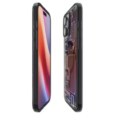 Two phone cases are shown side-by-side against a white background. One case shows the phone screen, while the other reveals the internal components of the phone through a transparent case.