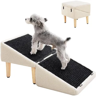 Produktbild von 2-in-1 Klappbare Hundetreppe & Hocker, Massivholz Hunderampe, Rutschfest, Creme