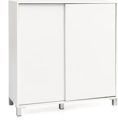A white cabinet with sliding doors on a white background.