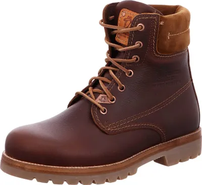 A single brown leather boot is shown against a white background.