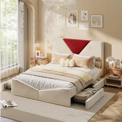 Obrázek produktu pro Postel s pružinovou základnou INONEFT, rozměry 140x200 cm, dvoulůžko, čalouněná postel se 4 zásuvkami, postel s úložným prostorem, vhodná pro mládež, potahy z lnu nebo sametu, barva bílá/červená
