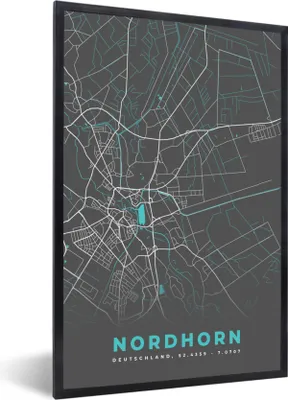 Produktbild von MuchoWow® Gerahmtes Poster Deutschland - Blau - Nordhorn - Stadtplan - Karte 20x30 cm - Poster mit Schwarzem Bilderrahmen Wandposter Rahmen Foto Bilder - Drucken - Bilder Poster im Rahmen