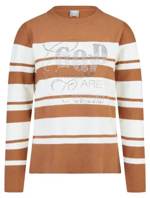 Produktbild von Rabe Pullover mit Strass-Schriftzug, Blockingel und Glattstrick, Braun, Größe 40