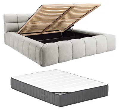 Produktbild von Bett mit Bettkasten + Matratze - 160 x 200 cm - Stoff - Hellgrau - FORVIK