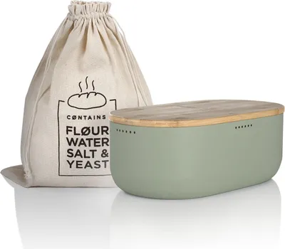 Immagine prodotto di LARS NYSØM Contenitore per il pane I Contenitore per il pane in metallo con sacchetto in lino I Contenitore per il pane con coperchio in bambù utilizzabile come tagliere 36x18,5x13,5 cm Sage