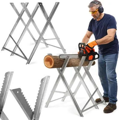 A man is using a chainsaw to cut a log on a metal sawhorse.