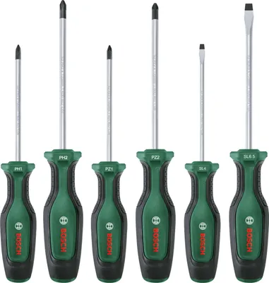 A set of six Bosch screwdrivers arranged in a row against a white background.