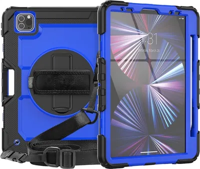 Produktbild von Für Apple iPad Pro 11 2024 Robuste Hybrid 360 Grad Tasche mit Schultergurt Blau