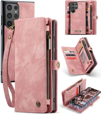 Immagine prodotto di Custodia per Samsung Galaxy S25 Ultra, Custodia in pelle vintage multifunzionale con slot per carte e chiusura lampo rosa