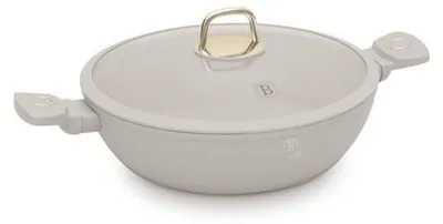 A light gray pot with a glass lid and gold accents, shown from a side angle on a white background.