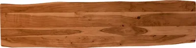 A close-up view of a wooden tabletop with a natural edge.